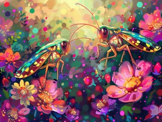 Wall Mural - Illustration of a  insects couple of amazing floral decoration