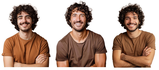 Isolated over brown background, happy man with curly hair smiling toothily keeps arms down wearing casual brown t shirt looks cheerful with copy space. Generative AI.