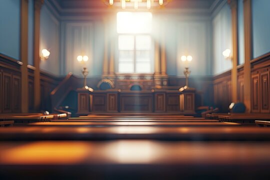 Beautiful blurred background of an empty courtroom. Realistic, Copy Space, Generative ai