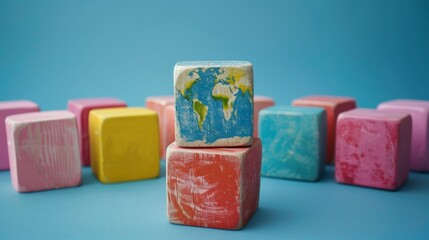 Poster - A stack of colorful blocks with a world map on them, AI