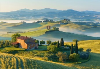 Sticker - A peaceful countryside landscape at dawn, featuring rolling hills, a quaint farmhouse, and morning mist rising from the fields. This serene image is ideal for rural, travel, and lifestyle content.