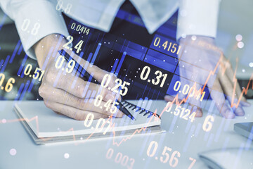 Poster - Multi exposure of abstract creative financial chart with hand writing in diary on background, research and analytics concept