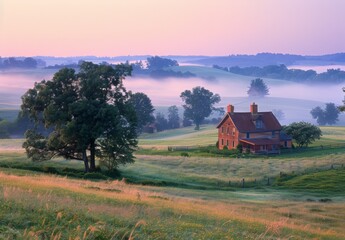 Wall Mural - A peaceful countryside landscape at dawn, featuring rolling hills, a quaint farmhouse, and morning mist rising from the fields. This serene image is ideal for rural, travel, and lifestyle content.