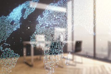 Poster - Multi exposure of abstract creative digital world map and modern desktop with laptop on background, research and analytics concept