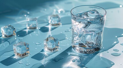 Wall Mural - Glass of water with ice cubes. The cup must be on a light blue background