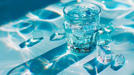Wall Mural - Glass of water with ice cubes. The cup must be on a light blue background