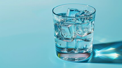 Wall Mural - Glass of water with ice cubes. The cup must be on a light blue background