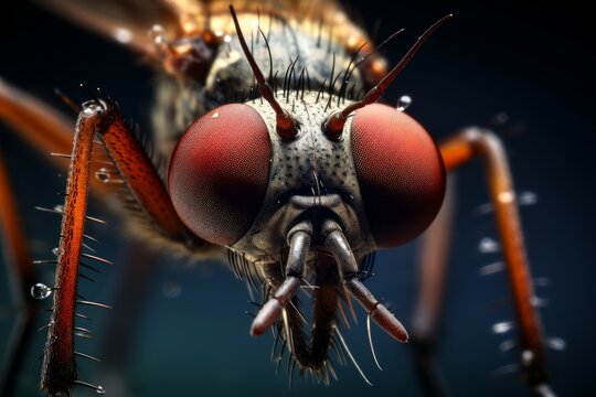 detailed macro photography showcasing the intricate features of a housefly's head and eyes