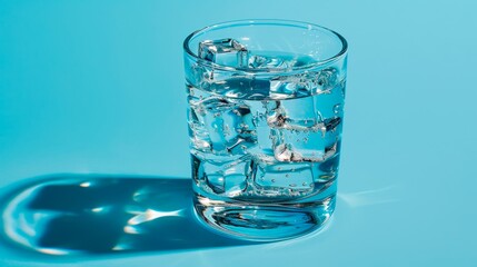 Wall Mural - Glass of water with ice cubes. The cup must be on a light blue background