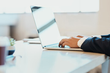 Fototapete - Business, laptop and hands in office for planning, research or internet, search and b2b, client or communication. Keyboard, typing or person online for email, review or proposal, feedback and editing