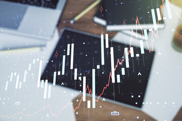 Poster - Double exposure of abstract creative financial chart and digital tablet on background, top view, research and strategy concept