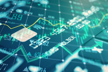 Canvas Print - Close up of computer keyboard and bank cards on desk with growing green forex chart and arrows on blurry background. Index, finance and market growth concept. Double exposure.