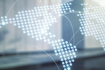 Poster - Abstract virtual world map with connections on blurry modern office building background, international trading concept. Multiexposure