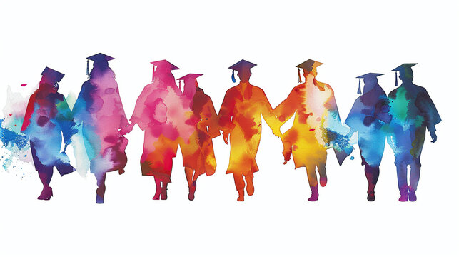 Silhouettes of students in graduation caps splash vibrant watercolors on a white background