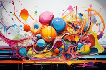 Poster - Vibrant and dynamic 3d illustration of an abstract and colorful paint explosion with splashes, spheres, and artistic digital art, creating a modern and fluid artwork with a rainbow of colors