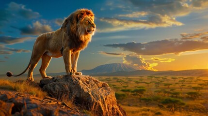 Wall Mural - A lion stands on a rock in front of a mountain. The sky is cloudy and the sun is setting