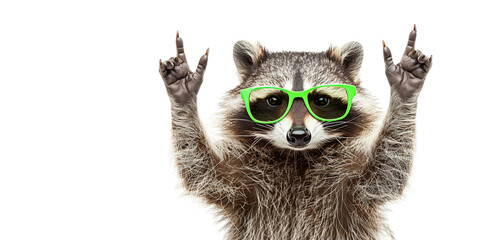 Wall Mural - raccoon in green glasses on a white background