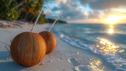 Wall Mural - coconut on the beach at sunset