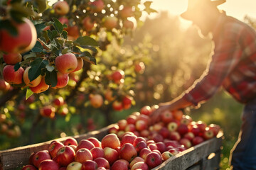 Wall Mural - Farmer harvesting fresh organic red apples in the garden on a sunny day. Freshly picked fruits.