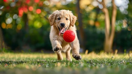 Wall Mural - A young golden retriever is playing with a red ball in a grassy field. The dog is running towards the ball with excitement, and the scene conveys a sense of joy and playfulness