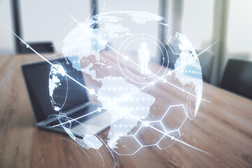 Aufkleber - Social network concept with world map and modern laptop on background. Multiexposure