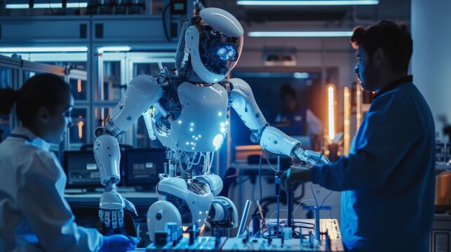 A man in a lab coat is working on a robot. The robot is white and has a blue heart. The scene is set in a lab with various equipment and monitors. Scene is scientific and futuristic