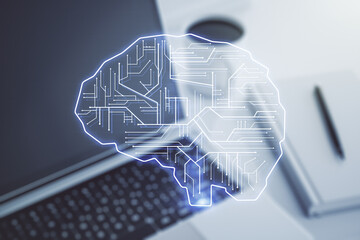 Poster - Double exposure of creative human brain microcircuit with computer on background. Future technology and AI concept