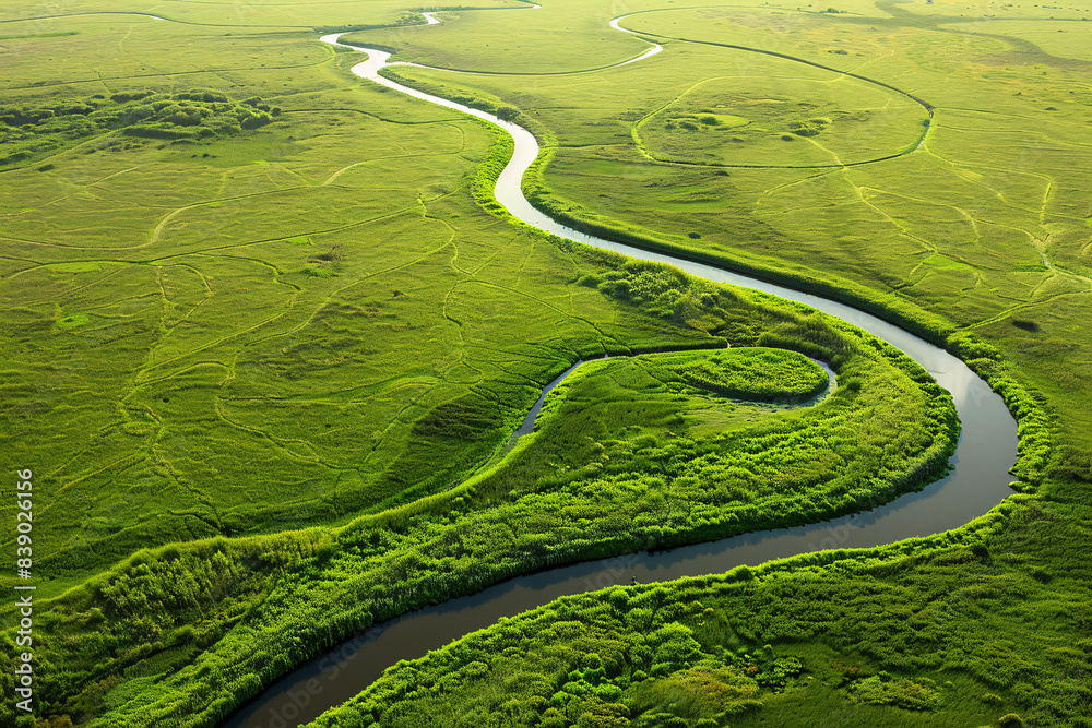 Aerial view of green fields with a winding river creating beautiful ...