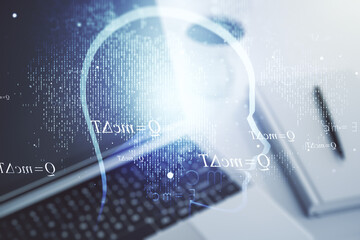Poster - Creative artificial Intelligence concept with human head hologram on modern laptop background. Multiexposure