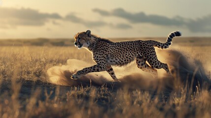 Wall Mural - A cheetah is running through the desert, kicking up a cloud of dust behind it. The scene is intense and dramatic, with the cheetah's speed and agility on full display