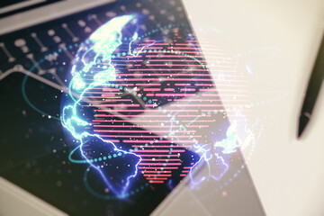 Poster - Double exposure of abstract digital world map with connections on computer background, big data and blockchain concept