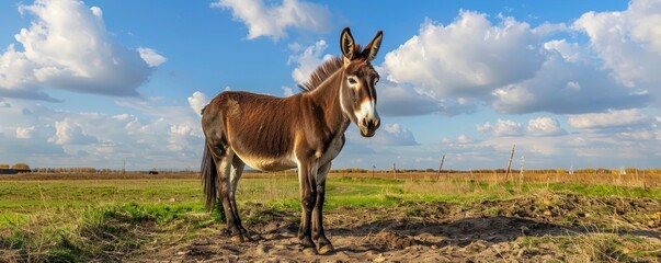 a donkey standing on a grass field on sunny day with clear blue sky background