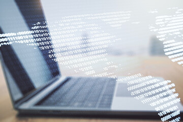 Aufkleber - Double exposure of digital America map on laptop background, research and strategy concept
