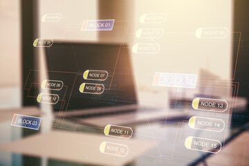 Aufkleber - Double exposure of abstract programming language on laptop background, research and development concept