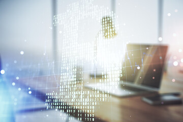 Aufkleber - Double exposure of creative Bitcoin symbol with modern laptop on background. Cryptocurrency concept