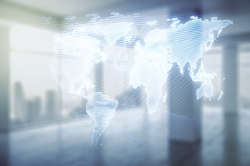 Aufkleber - Double exposure of abstract digital world map hologram on empty room interior background, big data and blockchain concept