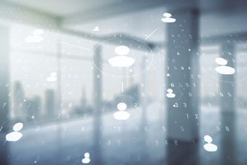 Poster - Double exposure of abstract virtual social network icons on empty modern office background. Marketing and promotion concept