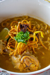 Wall Mural - Khao Soi Recipe,Khao Soi,Khao Soi Kai, Thai Noodles Khao Soi, Chicken Curry with seasoning served