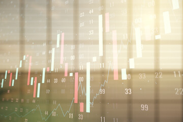 Aufkleber - Multi exposure of virtual creative financial chart hologram on empty modern office background, research and analytics concept