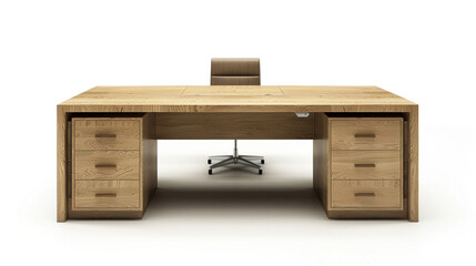 Wall Mural - Contemporary executive desk with a light oak finish and built-in drawers, isolated on white background.