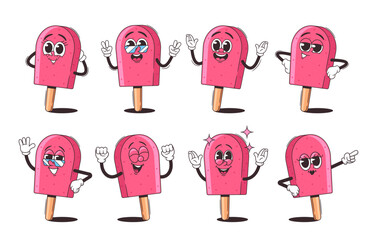Wall Mural - collection of retro cartoon ice cream characters displaying unique expressions. pink popsicle groovy