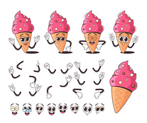 Wall Mural - Set Of Charming Cartoon Ice Cream Cone Character Featuring Multiple Facial Expressions And Gestures. Retro Animation
