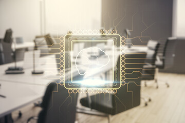Leinwandbilder - Virtual creative artificial Intelligence hologram with human brain sketch on a modern furnished classroom background. Double exposure