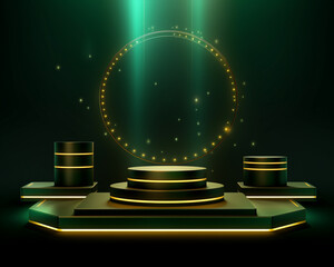 elegant green and gold abstract podium with glowing lights, perfect for award ceremonies, product di