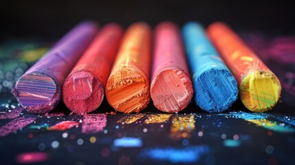 colored chalks, crayon, black background