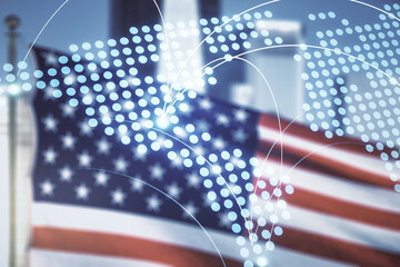 Poster - Double exposure of abstract digital world map hologram with connections on USA flag and blurry cityscape background, research and strategy concept