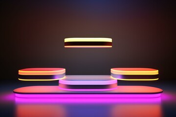Poster - 3d render of a modern, glowing product podium with neon lighting against a dark background
