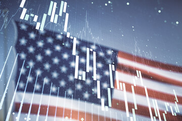 Aufkleber - Abstract virtual financial graph hologram on USA flag and sunset sky background, forex and investment concept. Multiexposure