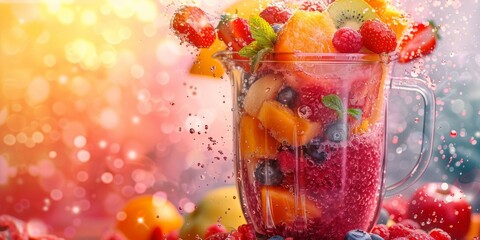 A glass pitcher filled with fresh fruit, including strawberries, raspberries, blueberries, kiwi, and oranges, ready to be blended