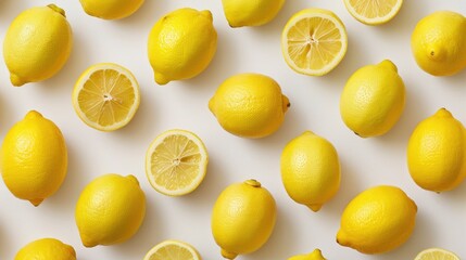 A top-down view of bright lemons on a white background, highlighting their vivid color and texture.